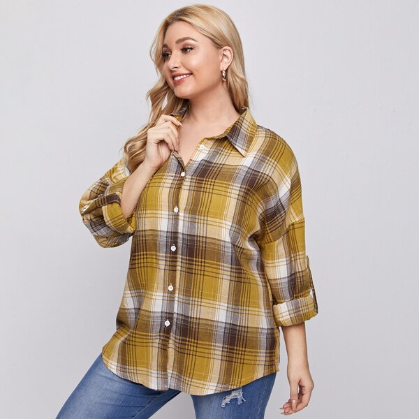 

Plus Drop Shoulder Tartan Blouse, Mustard yellow