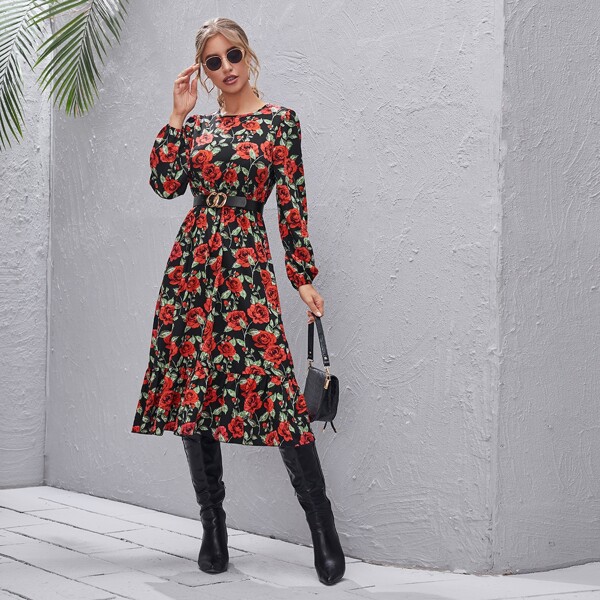 

Lantern Sleeve Rose Flower Dress Without Belt, Multicolor