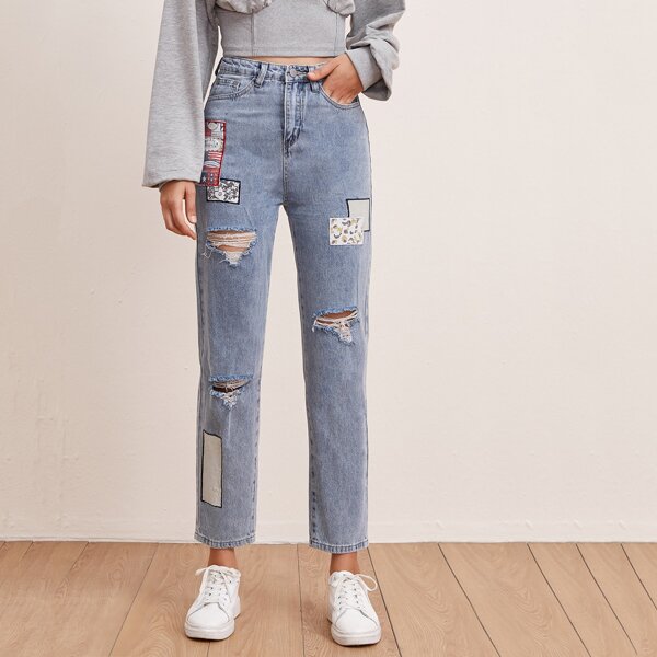 

High Waist Patched Detail Straight Leg Jeans, Light wash