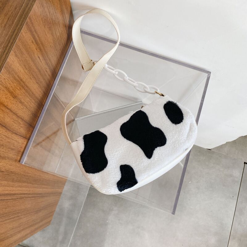 

Cow Pattern Faux Fur Fluffy Bag, Black and white