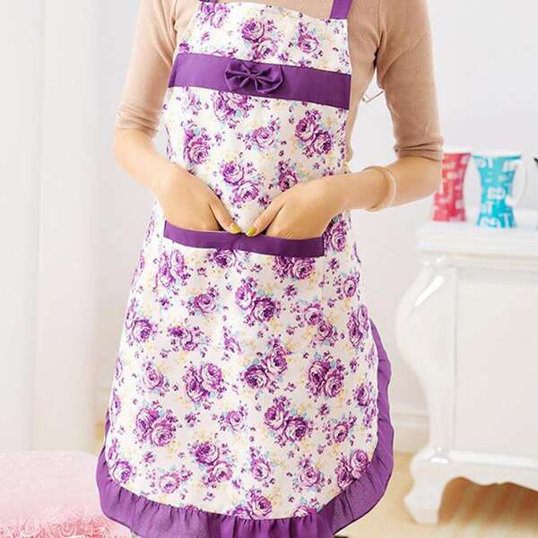 

1pc Rose Print Apron, Purple