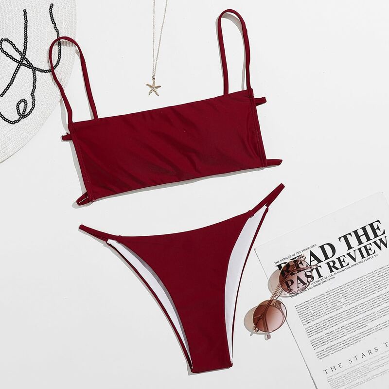 

Solid Thong Bikini Swimsuit, Burgundy