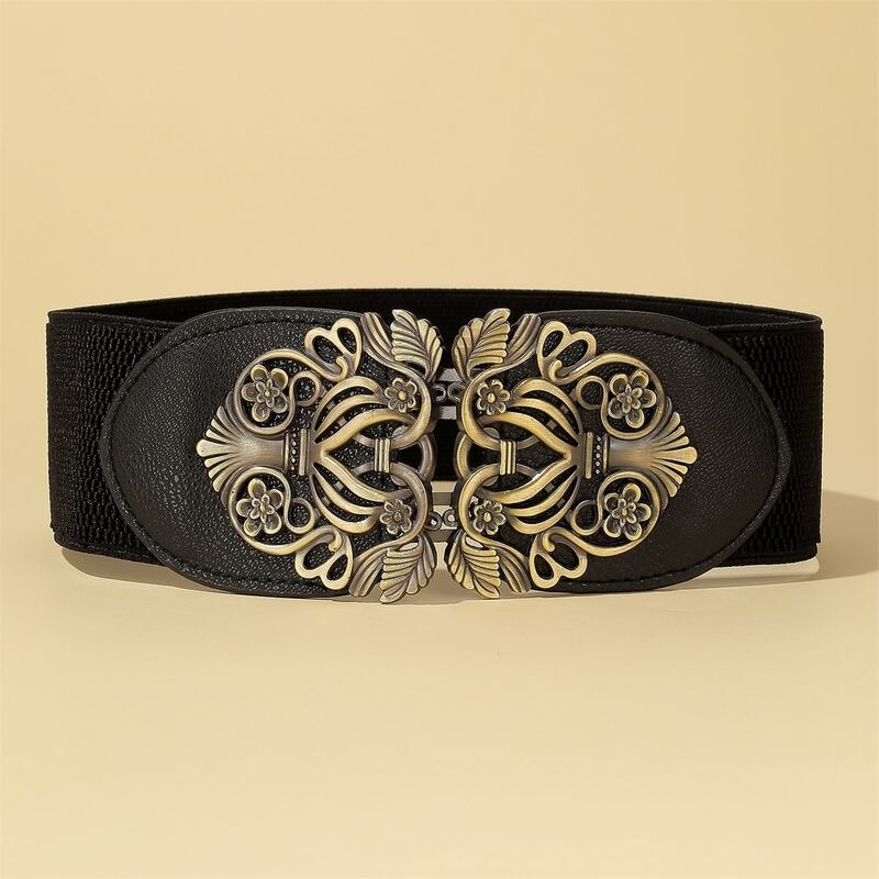 

Floral Buckle Elastic Wide Belt, Black