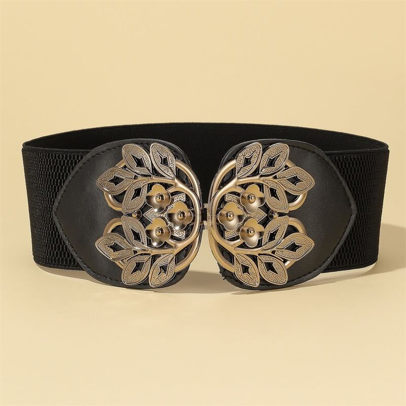 

Floral Buckle Elastic Wide Belt, Black
