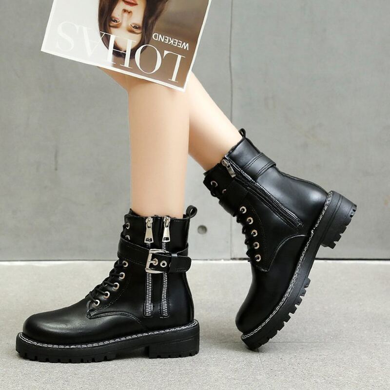 

Stitch Trim Buckle Combat Boots, Black