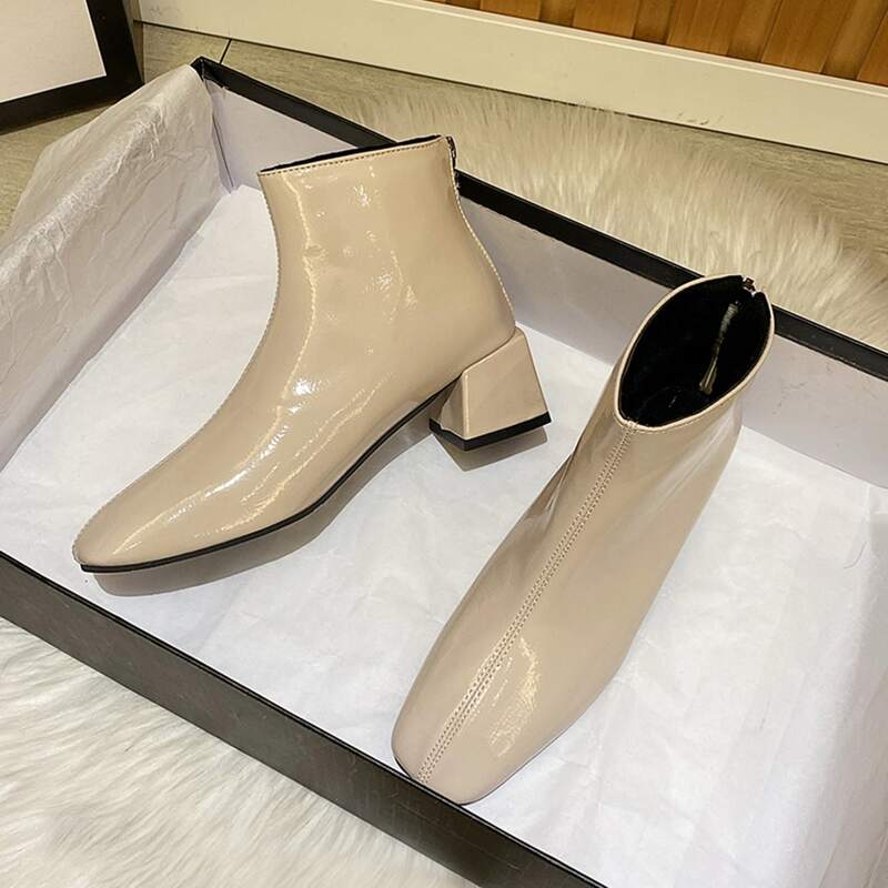 

Block Heeled Square Toe Ankle Boots, Beige