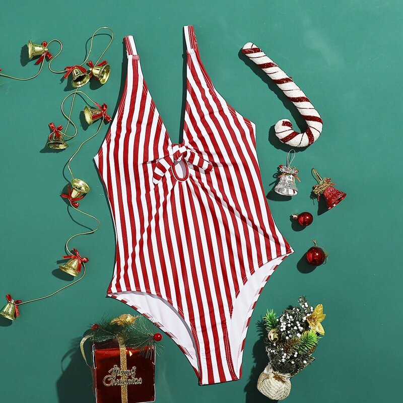 

Striped Knot One Piece Swimsuit, Red and white
