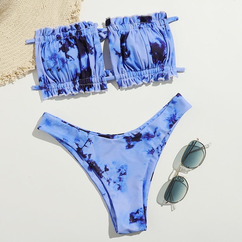 

Tie Dye Frill Ruched High Cut Bikini Swimsuit, Blue