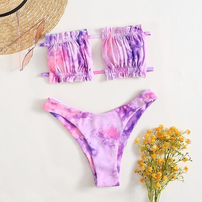 

Tie Dye Frill Ruched High Cut Bikini Swimsuit, Multicolor