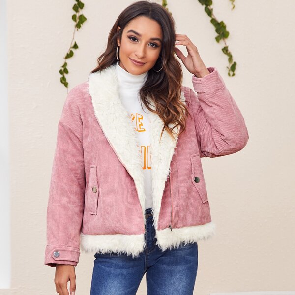 

Drop Shoulder Teddy Lined Cord Coat, Dusty pink