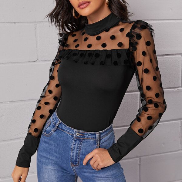 

Mock Neck Polka Dot Mesh Yoke Tee, Black