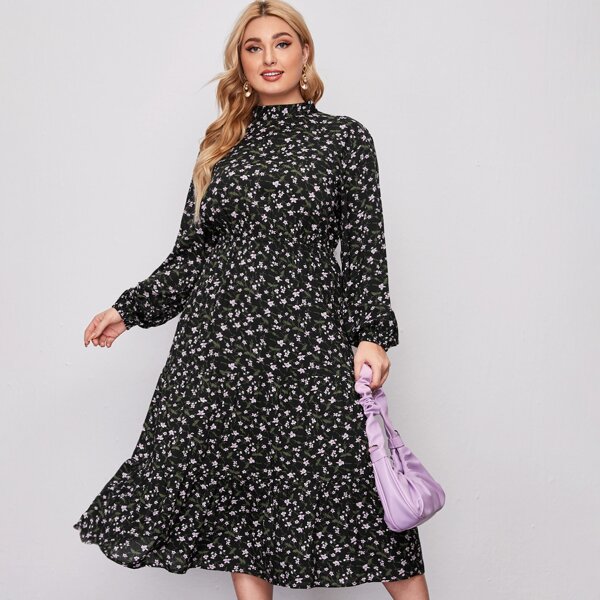 

Plus Stand Collar Ditsy Floral Ruffle Hem Dress, Multicolor