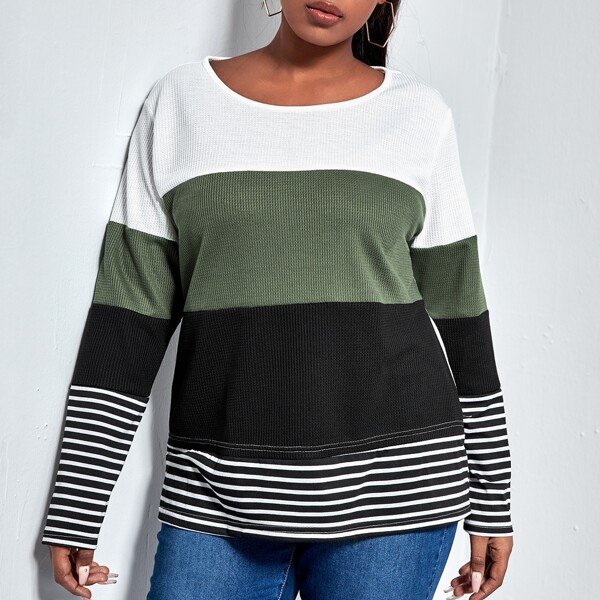 

Plus Color-block Striped Waffle Knit Tee, Multicolor