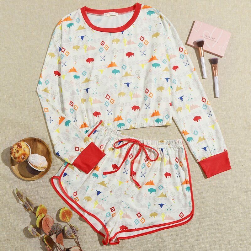 

Cartoon Print Shorts PJ Set, Multicolor