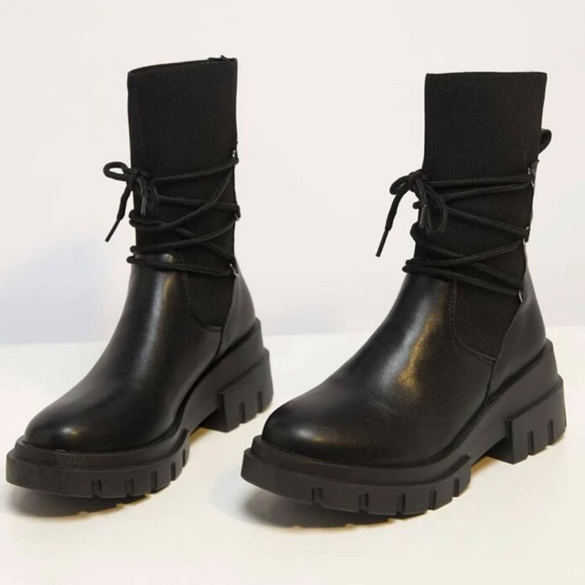 

Lug Sole Lace Up Sock Boots, Black