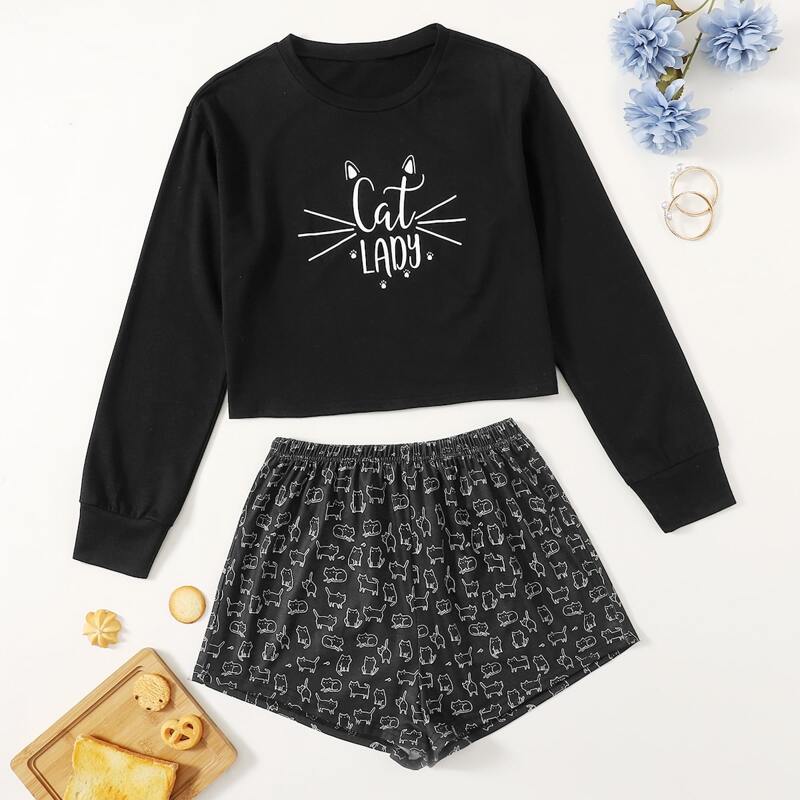 

Cartoon Cat Print Shorts PJ Set, Black