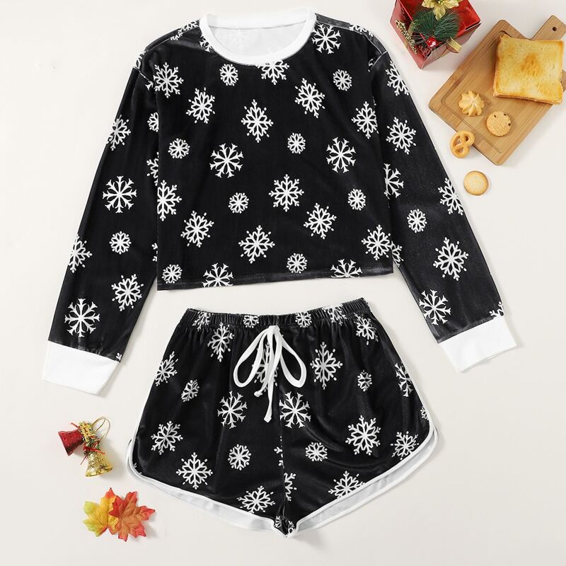 

Snowflake Print Shorts PJ Set, Black