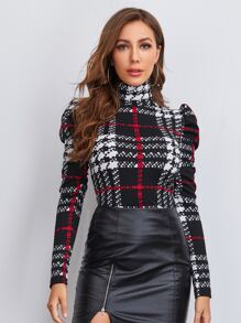 SHEIN Clasi Camiseta De Cuadros Con Cuello Alto Y Mangas Gigot - Multicolor - Ver 1
