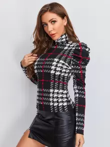 SHEIN Clasi Camiseta De Cuadros Con Cuello Alto Y Mangas Gigot - Multicolor - Ver 3