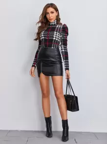 SHEIN Clasi Camiseta De Cuadros Con Cuello Alto Y Mangas Gigot - Multicolor - Ver 4