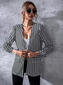 SHEIN LUNE Open Front Houndstooth Blazer In Fall/Winter - Black and White - View 1