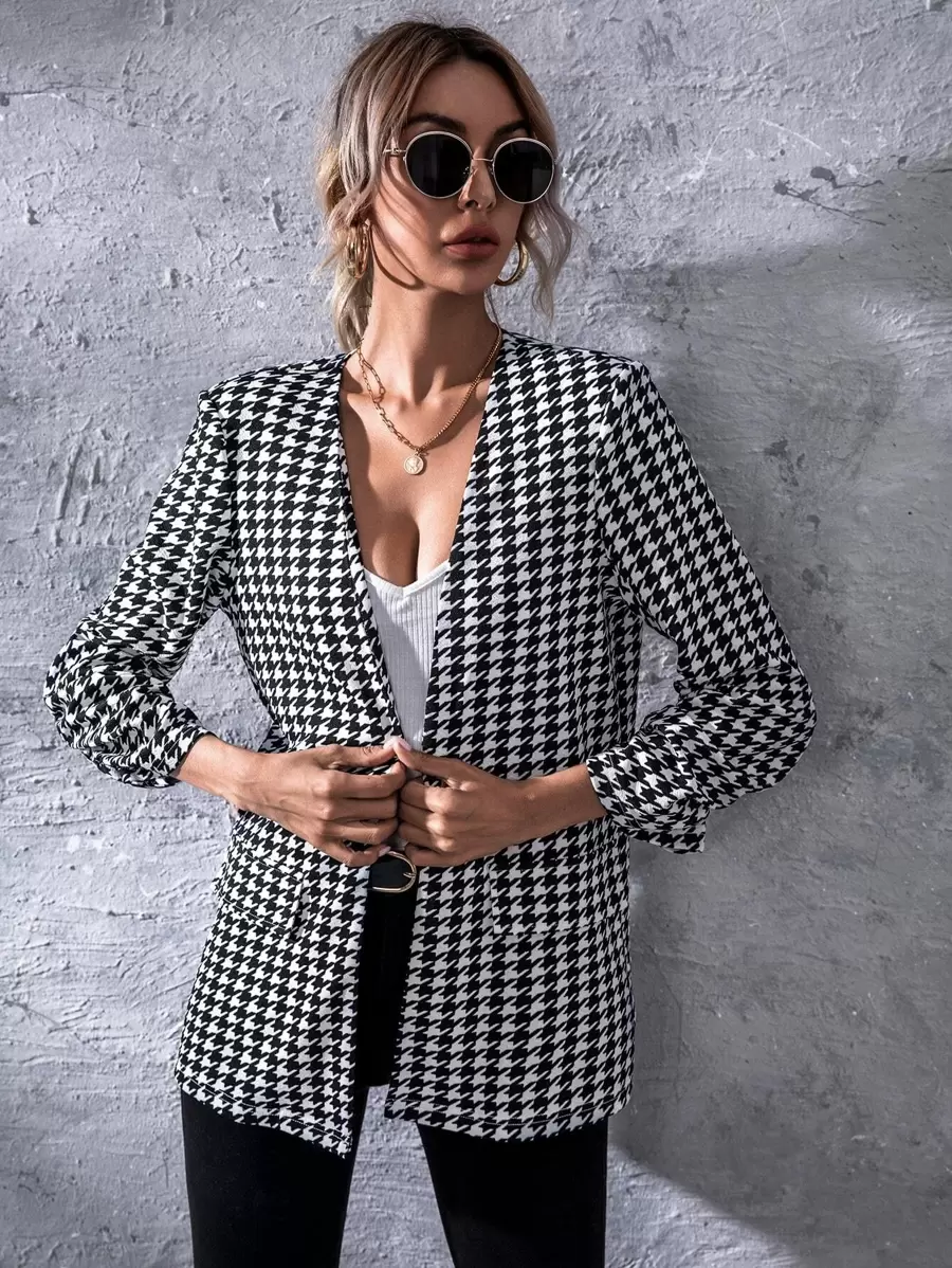 SHEIN LUNE Open Front Houndstooth Blazer In Fall/Winter - Black and White - View 1