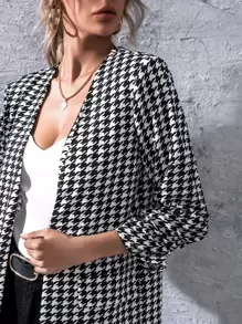SHEIN LUNE Open Front Houndstooth Blazer In Fall/Winter - Black and White - View 4