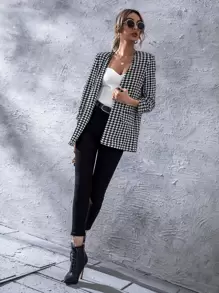 SHEIN LUNE Open Front Houndstooth Blazer In Fall/Winter - Black and White - View 5