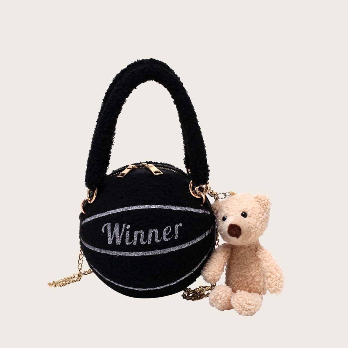 

Faux Fur Teddy Ball Bag, Black