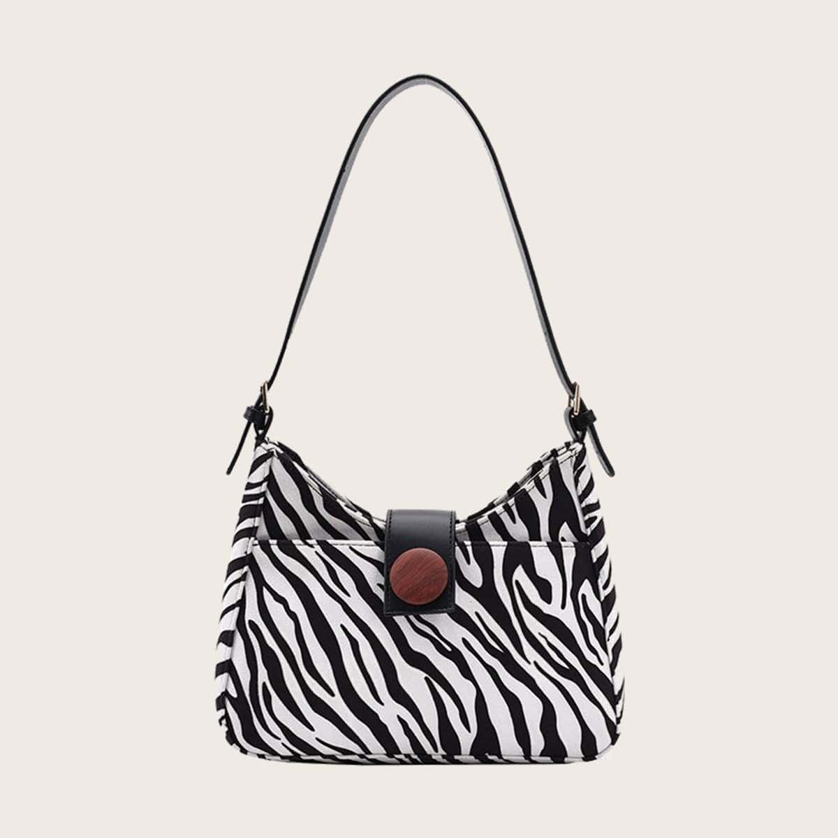 

Zebra Striped Shoulder Bag, Black and white