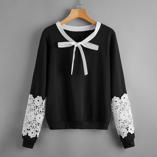 

Contrast Guipure Lace Tie Neck Sweatshirt, Black