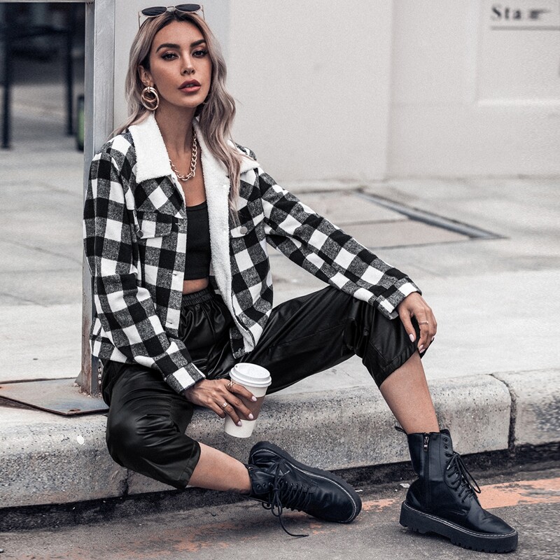 

Gingham Teddy Lined Button Through Jacket, Black and white