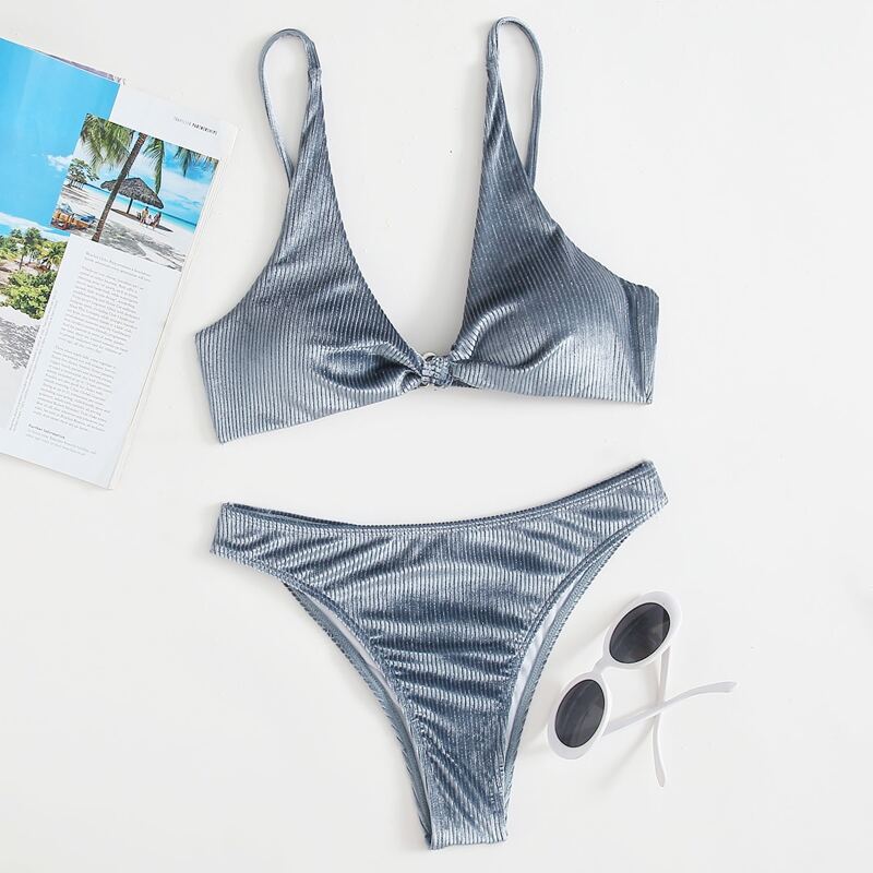 

Velvet Solid Knot Bikini Swimsuit, Grey