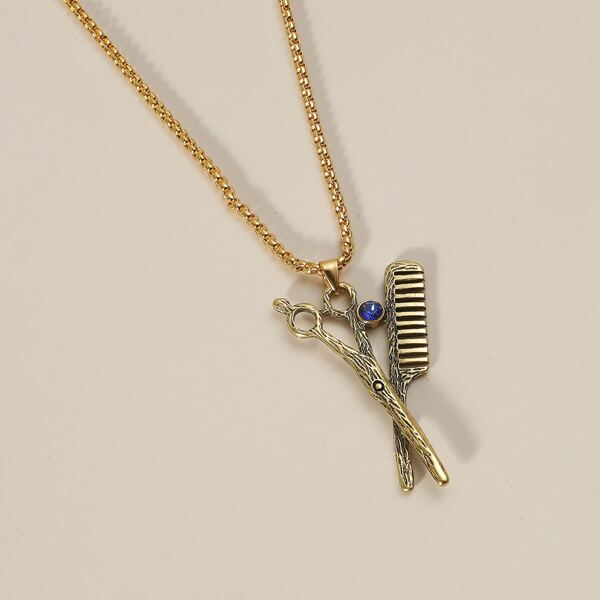 

Men Scissor & Hair Comb Design Pendant Necklace, Gold