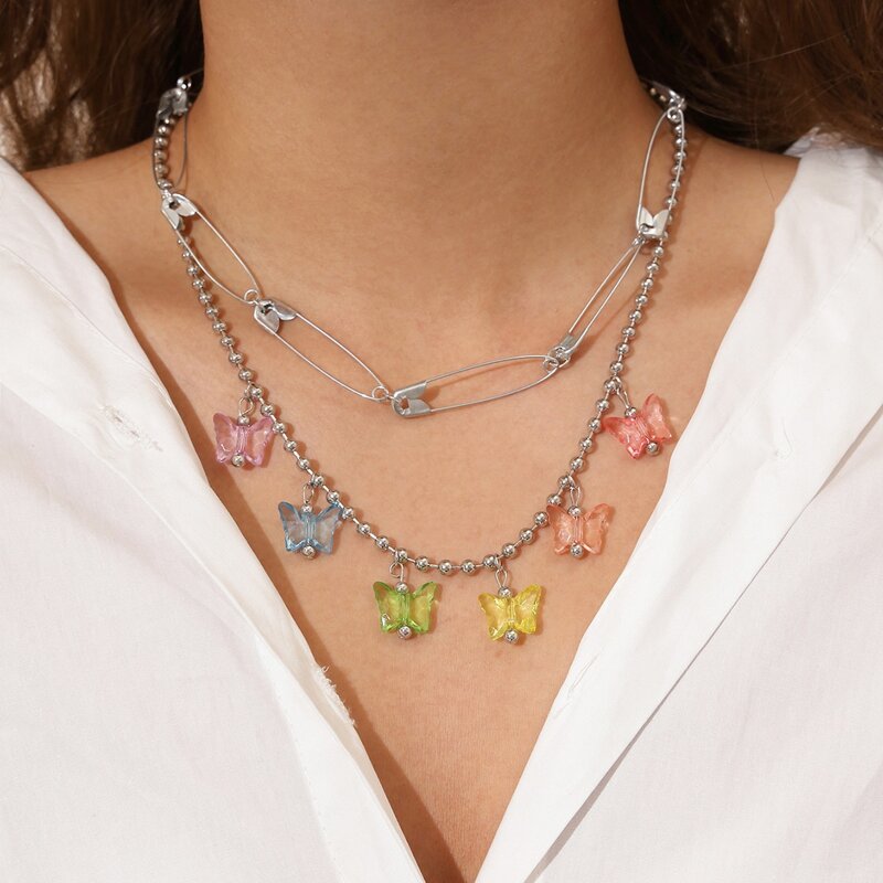 

Butterfly & Safety Pin Layered Necklace, Gold
