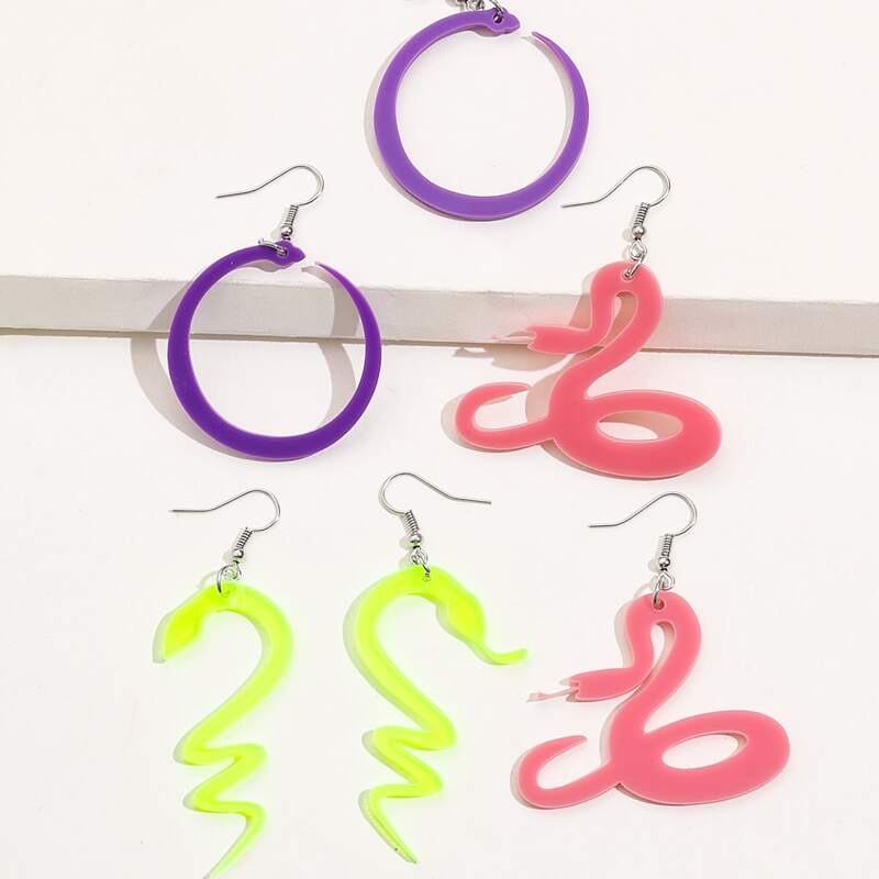 

3pairs Snake & Ring Drop Earrings, Multicolor