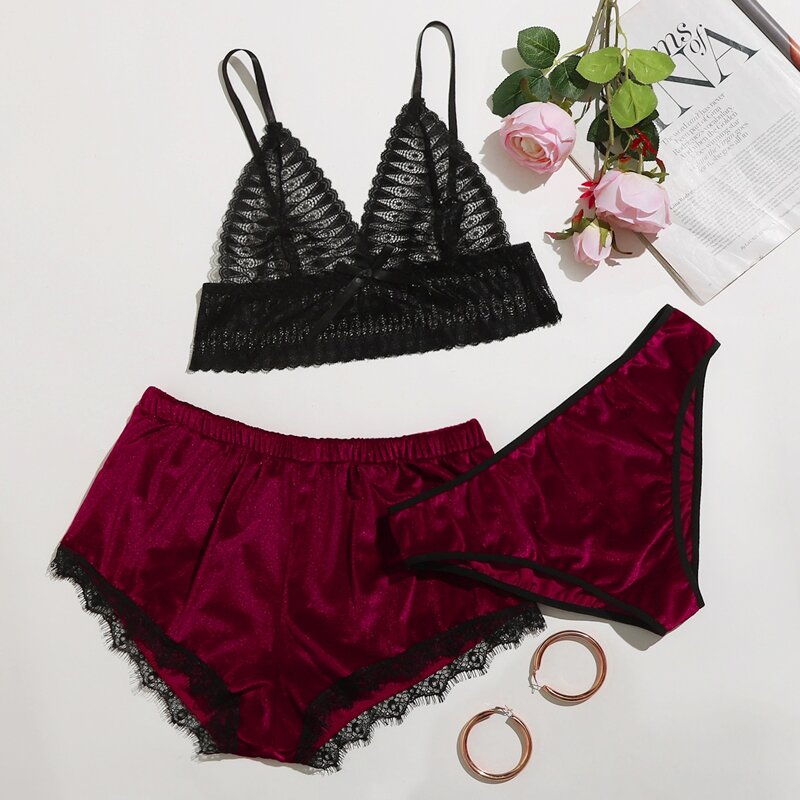 

3pack Lace Trim Lingerie Set, Multicolor