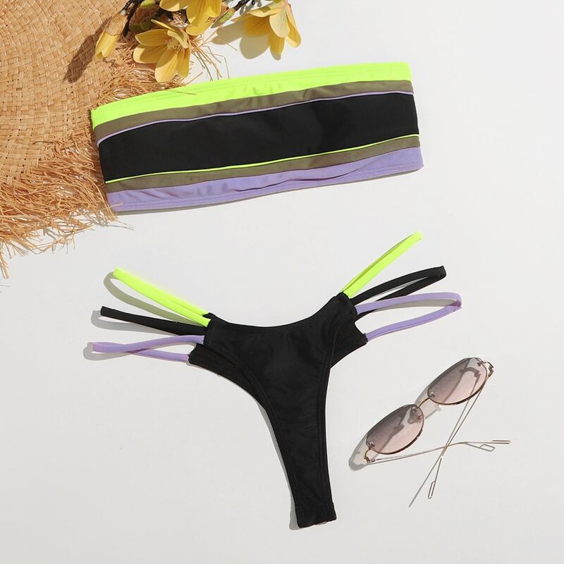 

Striped Colorblock Cut Out Thong Bikini Swimsuit, Multicolor