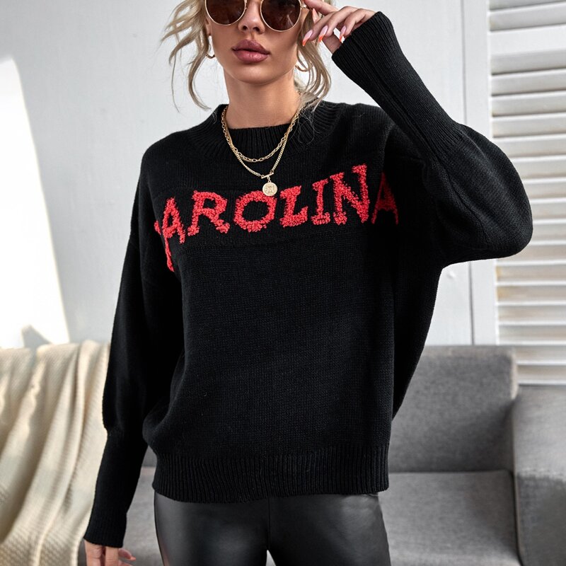 

Letter Pattern Drop Shoulder Sweater, Black