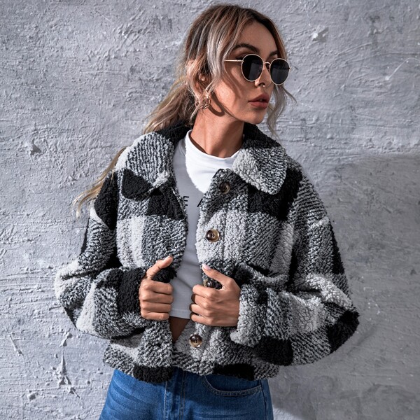 

Pocket Front Buffalo Plaid Teddy Jacket, Black and white