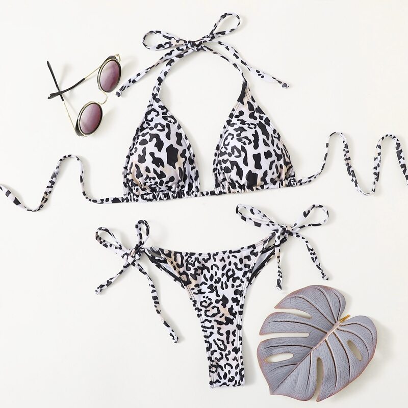

Leopard Tie Side Bikini Swimsuit, Black and white