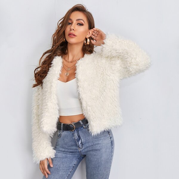 

Open Front Fuzzy Coat, Beige