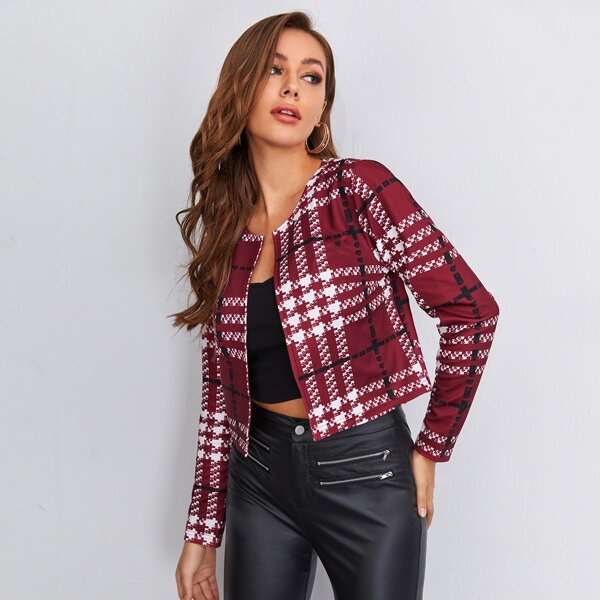 

Open Front Plaid Jacket, Maroon