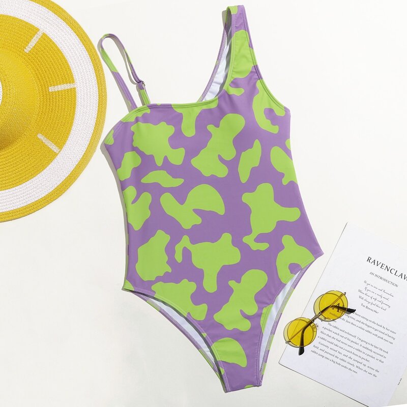 

Asymmetrical Neck Allover Print One Piece Swimsuit, Multicolor
