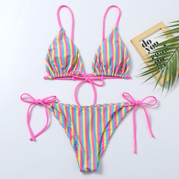

Colorful Striped Tie Side Bikini Swimsuit, Multicolor