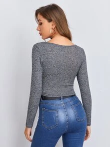 SHEIN Privé v領素色合身短版T恤 - 深灰色 - 查看 2