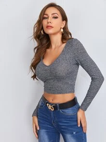 SHEIN Privé v領素色合身短版T恤 - 深灰色 - 查看 4