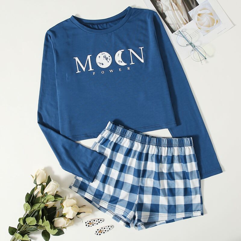 

Moon Graphic Plaid Shorts PJ Set, Blue