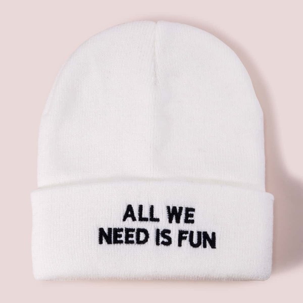 

Letter Embroidery Cuffed Knit Beanie, White