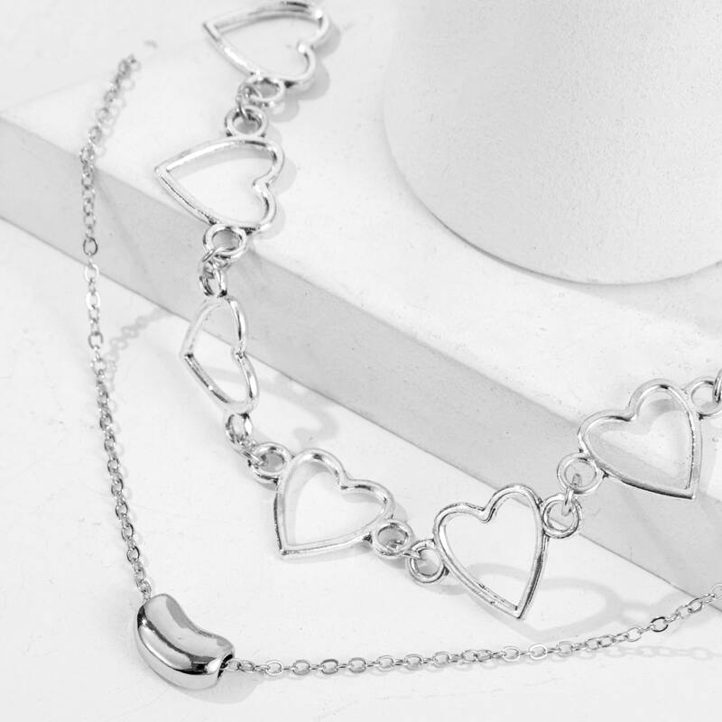 

2pcs Heart Choker & Pendant Necklace, Silver